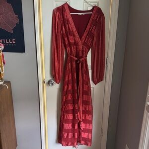 Anthropologie Red Patterned Long Sleeve Maxi Wrap Dress